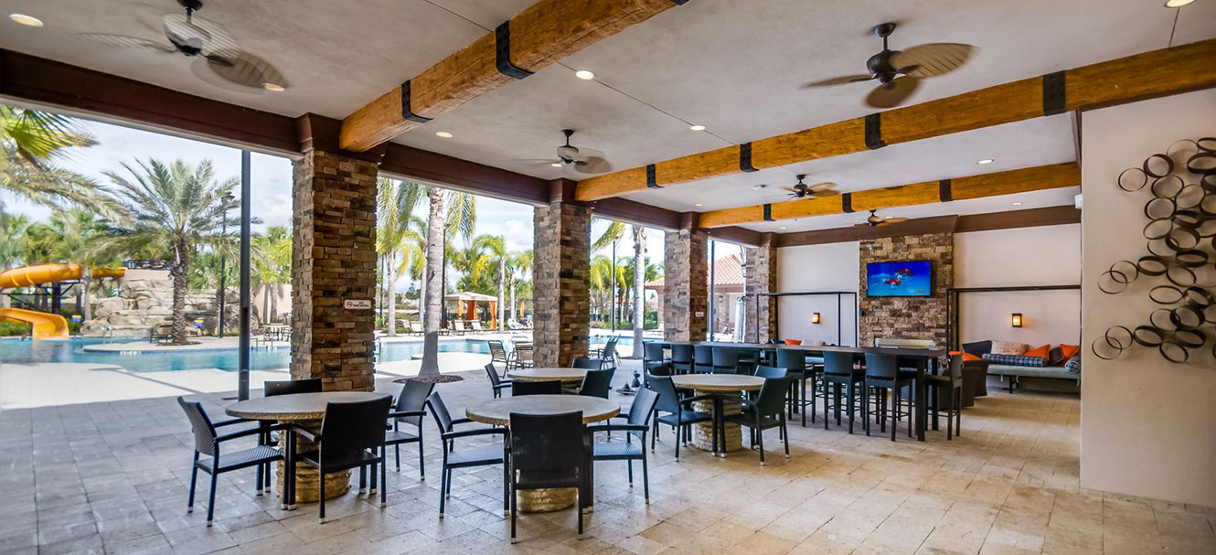 Covered outdoor seating area at Solterra resort